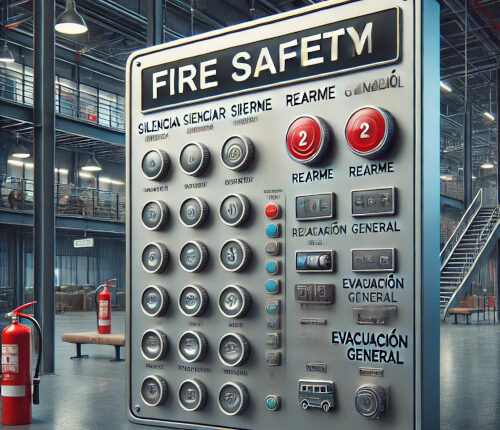 Panel de control de una alarma de incendios con sus botones, extintores y se帽alizaci贸n en un entorno industrial