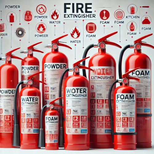 Extintores de Alta calidad para protección de incendios Imagen de varios tipos de extintores, ABC,CO2, agua y espuma, presentados sobre un fondo blanco