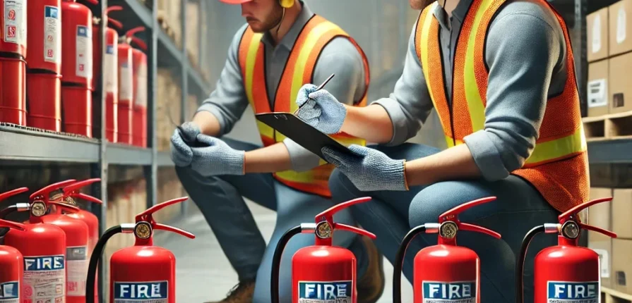 Técnicos de A2J realizando la inspección y mantenimiento de extintores en un almacén en Dos Hermanas