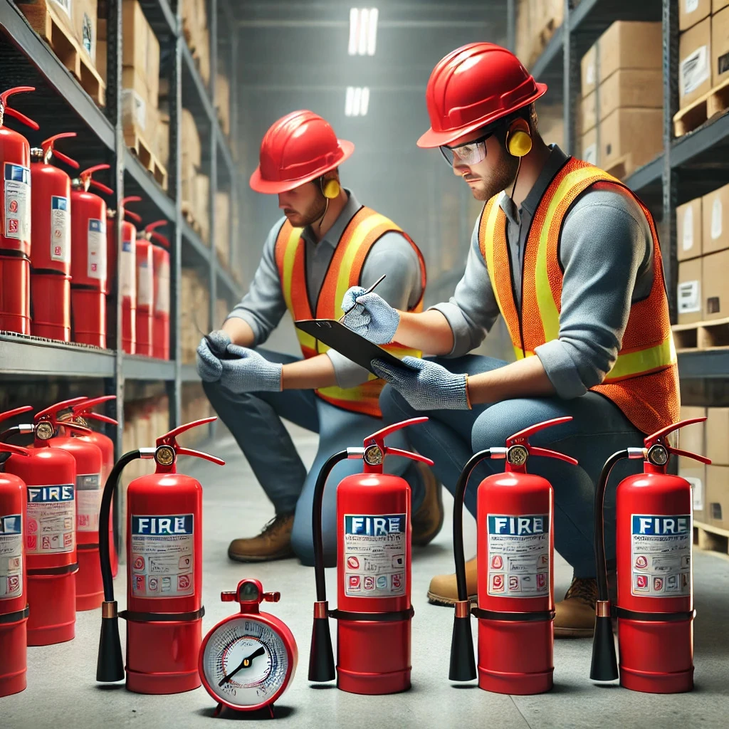 Revisión y mantenimiento de extintores A2J en Dos Hermanas – Seguridad contra incendios profesional Técnicos de A2J realizando la inspección y mantenimiento de extintores en un almacén en Dos Hermanas